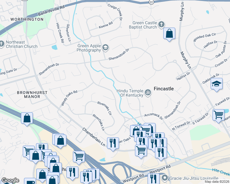 map of restaurants, bars, coffee shops, grocery stores, and more near 10711 English Oak Court in Louisville