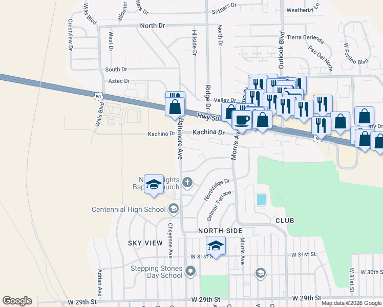 map of restaurants, bars, coffee shops, grocery stores, and more near 2007 Northmoor Terrace in Pueblo