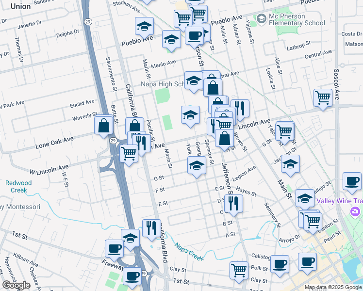 map of restaurants, bars, coffee shops, grocery stores, and more near 2233 Vidal Street in Napa