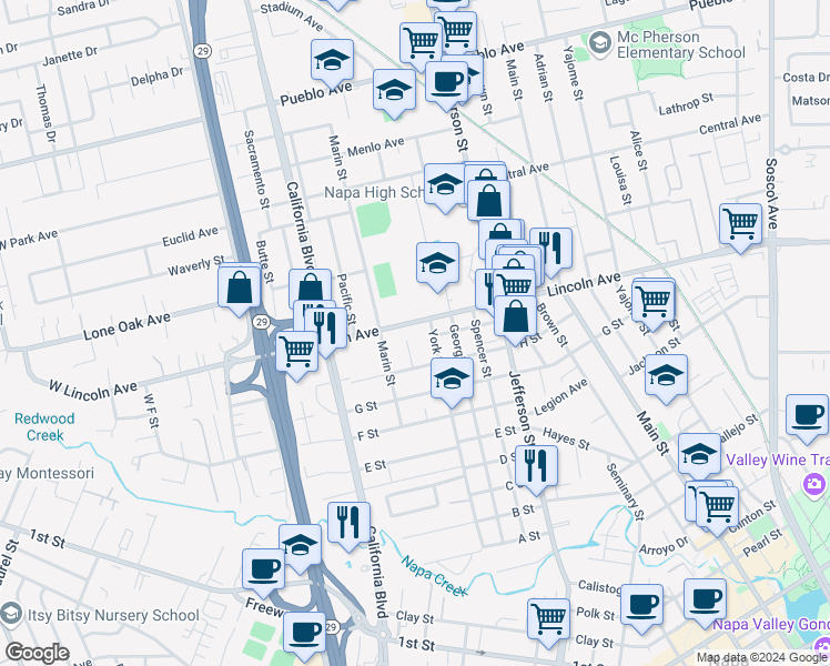 map of restaurants, bars, coffee shops, grocery stores, and more near 2233 Vidal Street in Napa