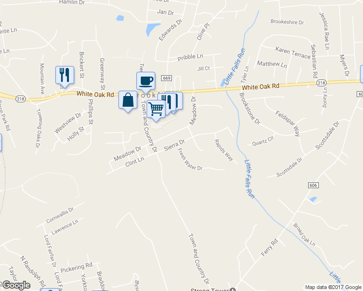 map of restaurants, bars, coffee shops, grocery stores, and more near 1 Fresh Water Drive in Fredericksburg