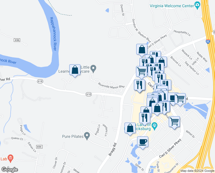 map of restaurants, bars, coffee shops, grocery stores, and more near 275 Riverside Manor Boulevard in Fredericksburg