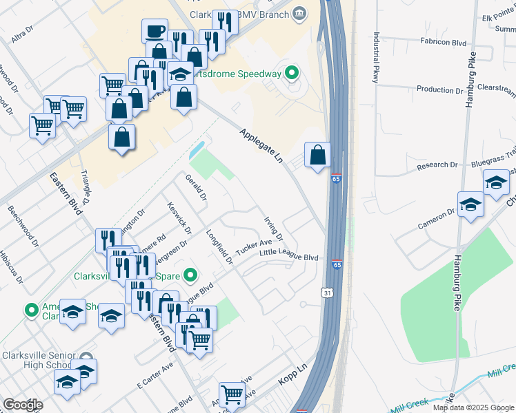 map of restaurants, bars, coffee shops, grocery stores, and more near 999 Irving Drive in Clarksville