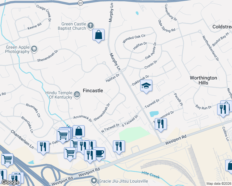 map of restaurants, bars, coffee shops, grocery stores, and more near 4403 Shenandoah Drive in Louisville