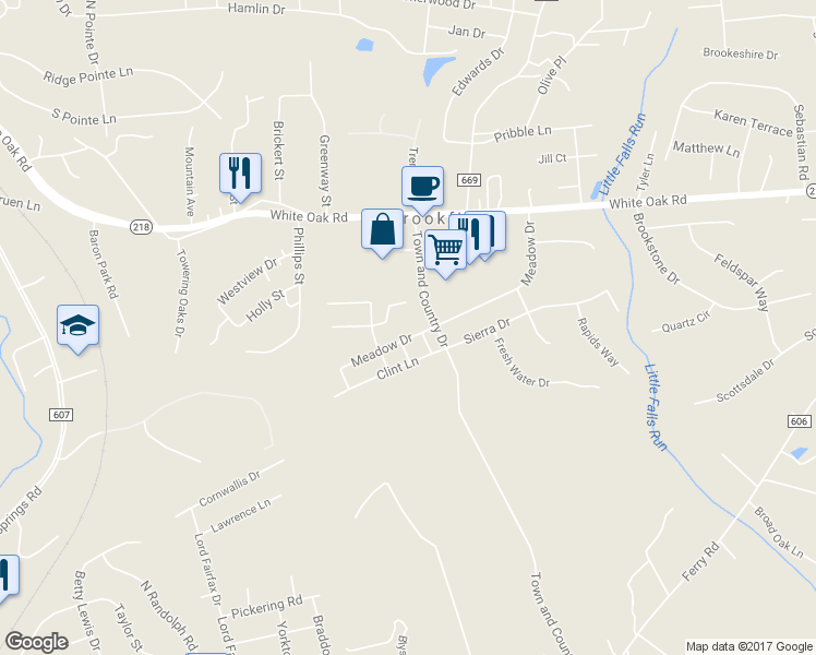 map of restaurants, bars, coffee shops, grocery stores, and more near 1701 Meadow Drive in Fredericksburg