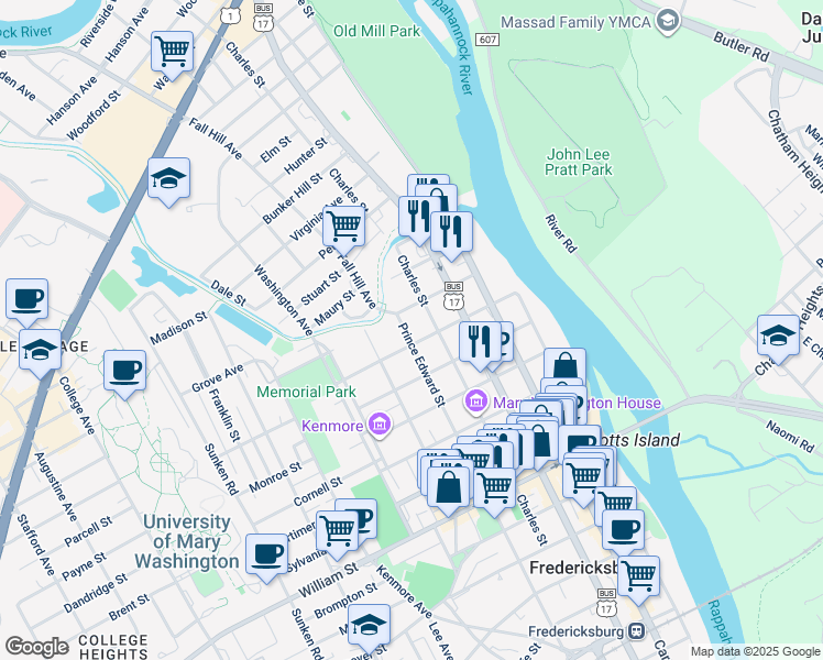 map of restaurants, bars, coffee shops, grocery stores, and more near 1505 Prince Edward Street in Fredericksburg