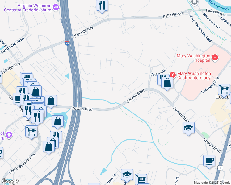 map of restaurants, bars, coffee shops, grocery stores, and more near 1010 Raymond Court in Fredericksburg