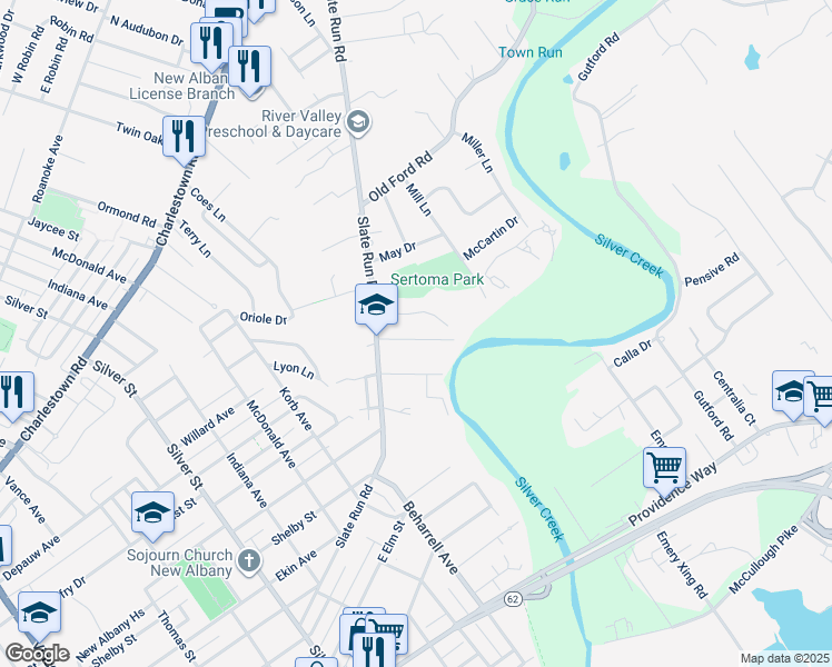 map of restaurants, bars, coffee shops, grocery stores, and more near 1576 Mona Vista Court in New Albany