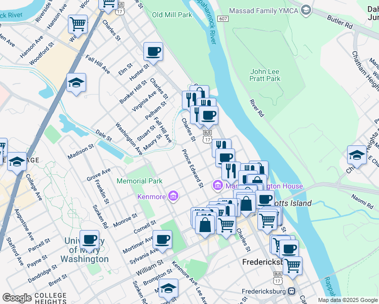 map of restaurants, bars, coffee shops, grocery stores, and more near 1505 Prince Edward Street in Fredericksburg