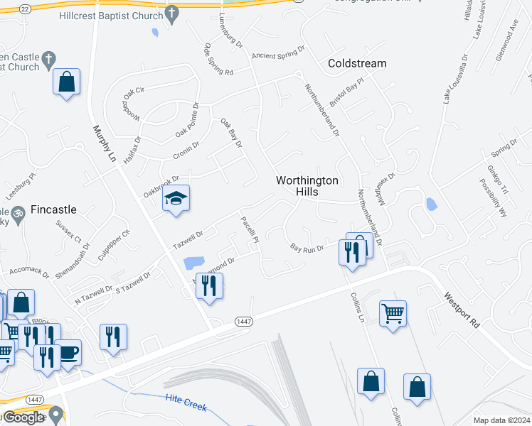 map of restaurants, bars, coffee shops, grocery stores, and more near 4422 Baygarden Court in Worthington Hills