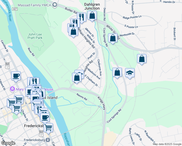 map of restaurants, bars, coffee shops, grocery stores, and more near 106 Madison Avenue in Fredericksburg