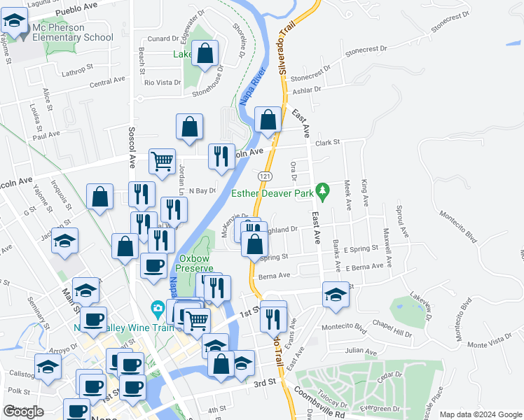 map of restaurants, bars, coffee shops, grocery stores, and more near 6 Highland Drive in Napa