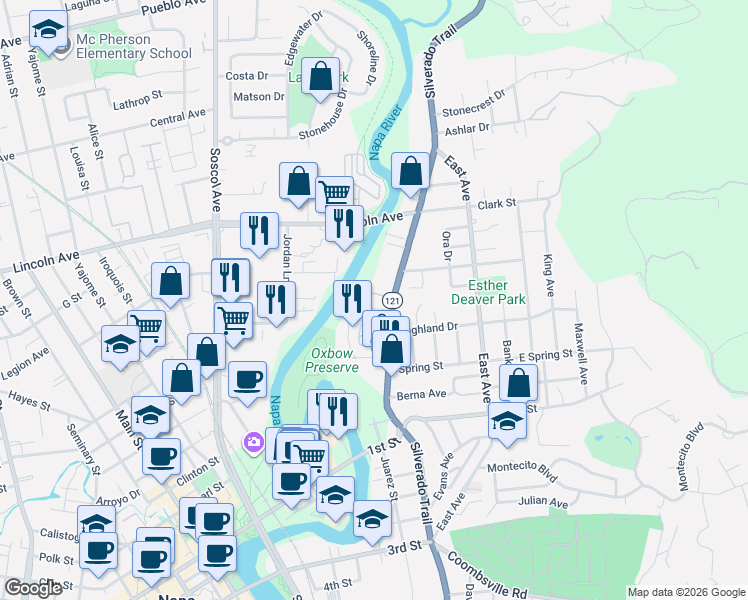 map of restaurants, bars, coffee shops, grocery stores, and more near 1044 McKenzie Drive in Napa