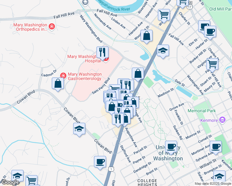 map of restaurants, bars, coffee shops, grocery stores, and more near Eagle Village Drive in Fredericksburg