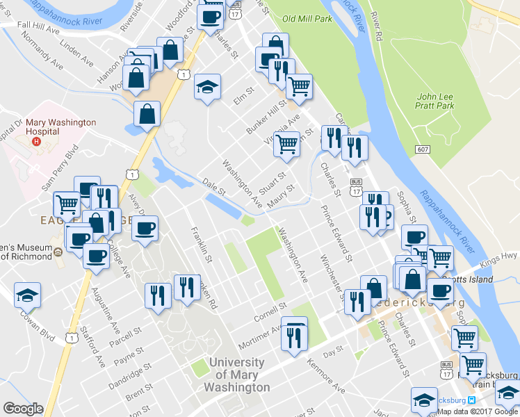 map of restaurants, bars, coffee shops, grocery stores, and more near 1702 Washington Avenue in Fredericksburg