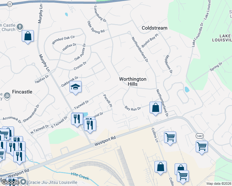 map of restaurants, bars, coffee shops, grocery stores, and more near 4419 Bays End Court in Louisville