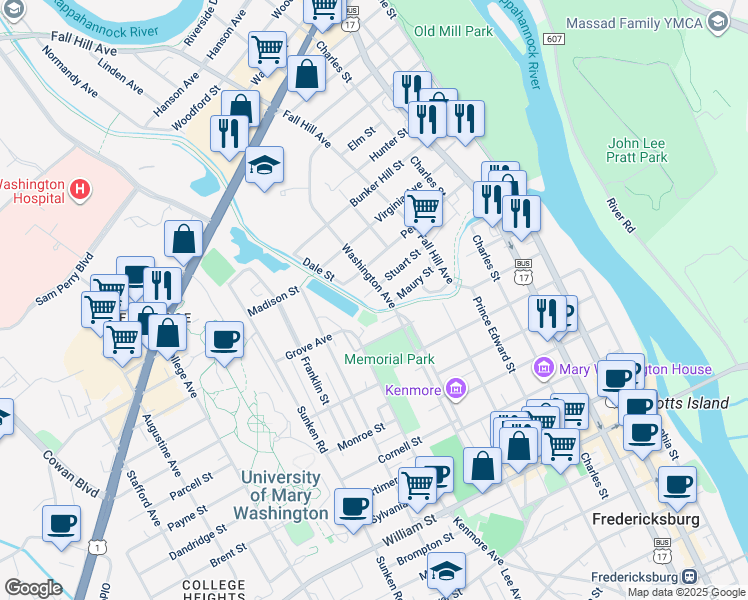 map of restaurants, bars, coffee shops, grocery stores, and more near 712 Stuart Street in Fredericksburg