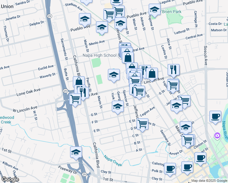 map of restaurants, bars, coffee shops, grocery stores, and more near 1525 Lincoln Avenue in Napa