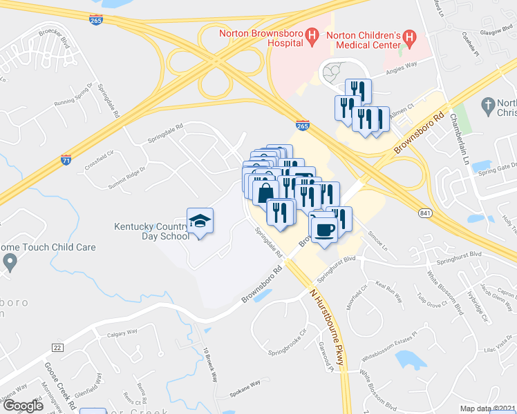 map of restaurants, bars, coffee shops, grocery stores, and more near 4300 Summit Plaza Drive in Louisville