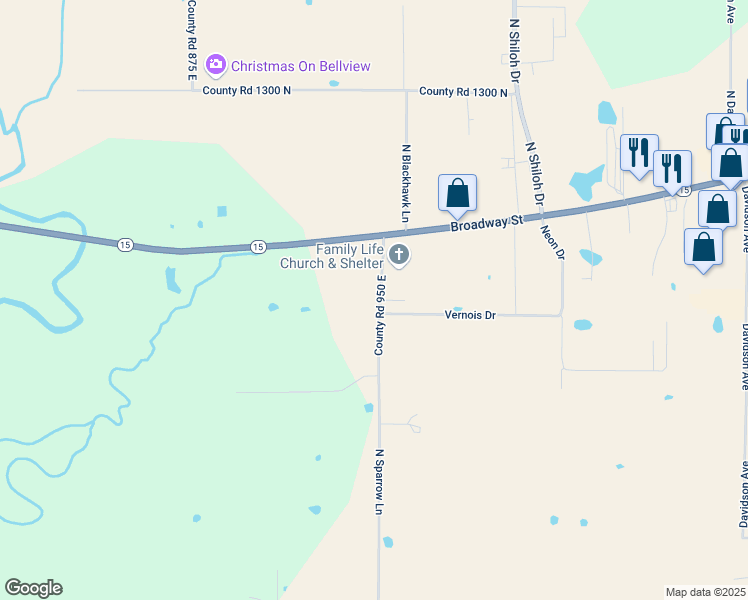 map of restaurants, bars, coffee shops, grocery stores, and more near 12242 County Road 950 East in Mount Vernon