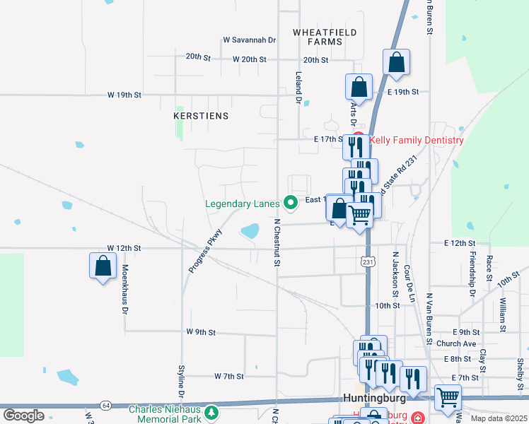 map of restaurants, bars, coffee shops, grocery stores, and more near 1304 1/2 North Chestnut Street in Huntingburg