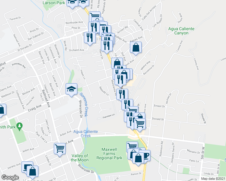 map of restaurants, bars, coffee shops, grocery stores, and more near 18644 Manzanita Road in Sonoma