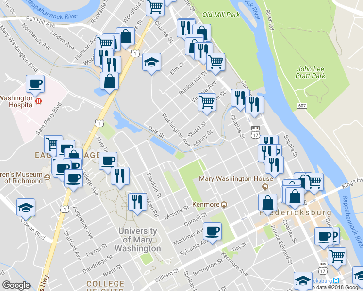 map of restaurants, bars, coffee shops, grocery stores, and more near 712 Stuart Street in Fredericksburg