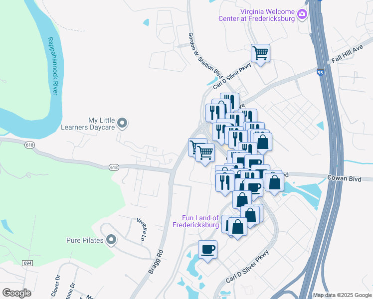 map of restaurants, bars, coffee shops, grocery stores, and more near 3456 Fall Hill Avenue in Fredericksburg