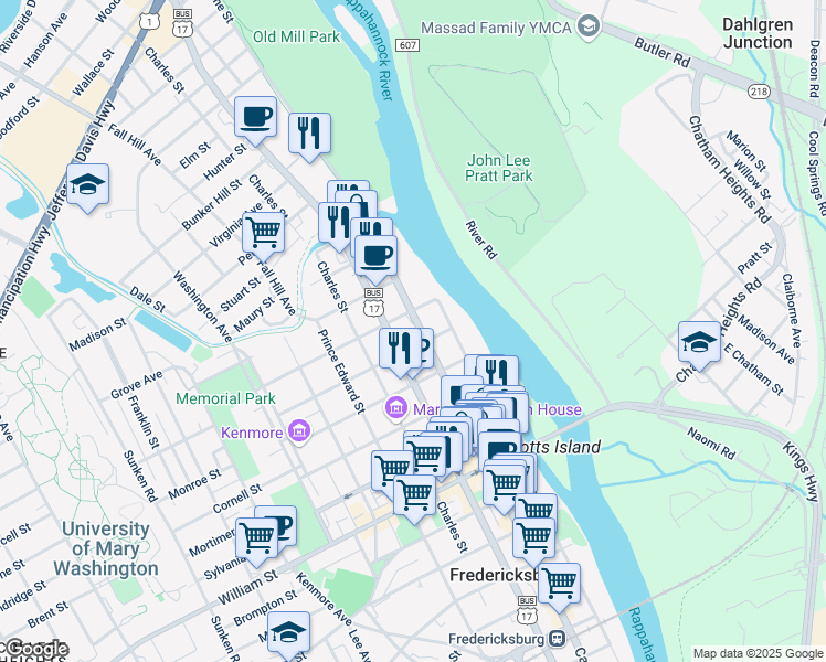 map of restaurants, bars, coffee shops, grocery stores, and more near 1408 Caroline Street in Fredericksburg