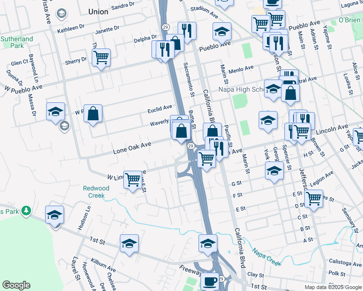 map of restaurants, bars, coffee shops, grocery stores, and more near 2493 Solano Avenue in Napa