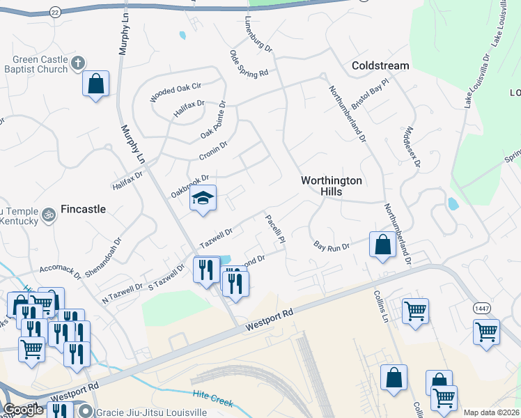 map of restaurants, bars, coffee shops, grocery stores, and more near 11909 Tazwell Drive in Louisville