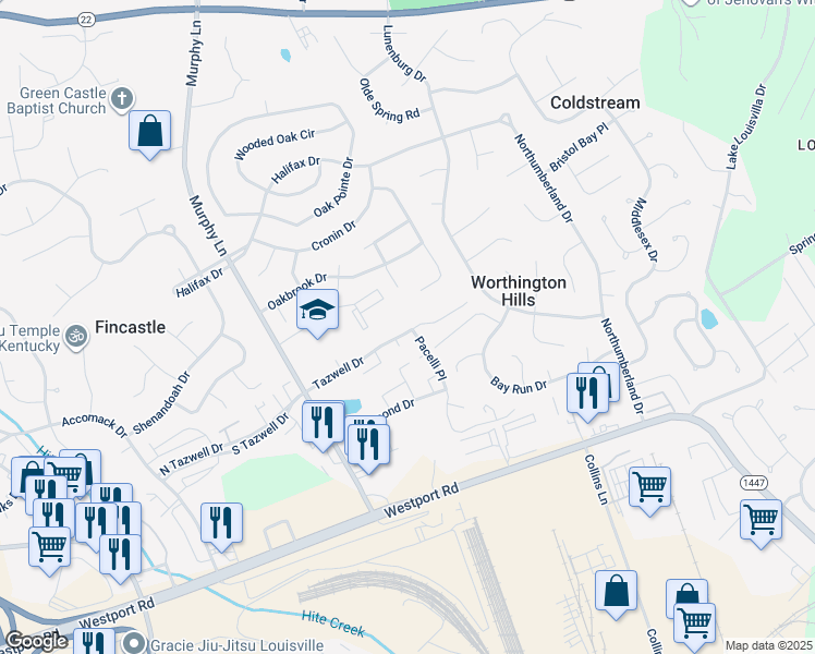 map of restaurants, bars, coffee shops, grocery stores, and more near 11911 Tazwell Drive in Louisville