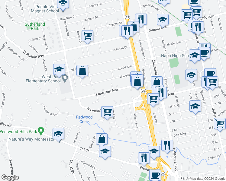 map of restaurants, bars, coffee shops, grocery stores, and more near Lone Oak Avenue in Napa
