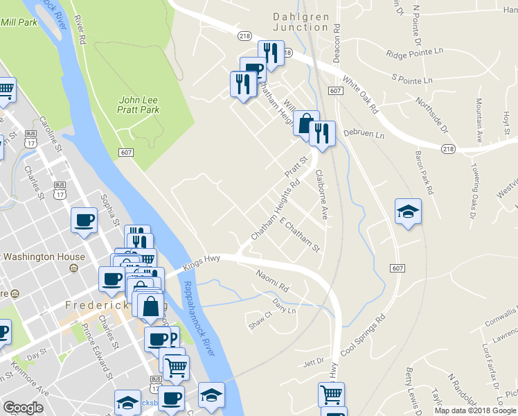 map of restaurants, bars, coffee shops, grocery stores, and more near 208 Pratt Street in Fredericksburg