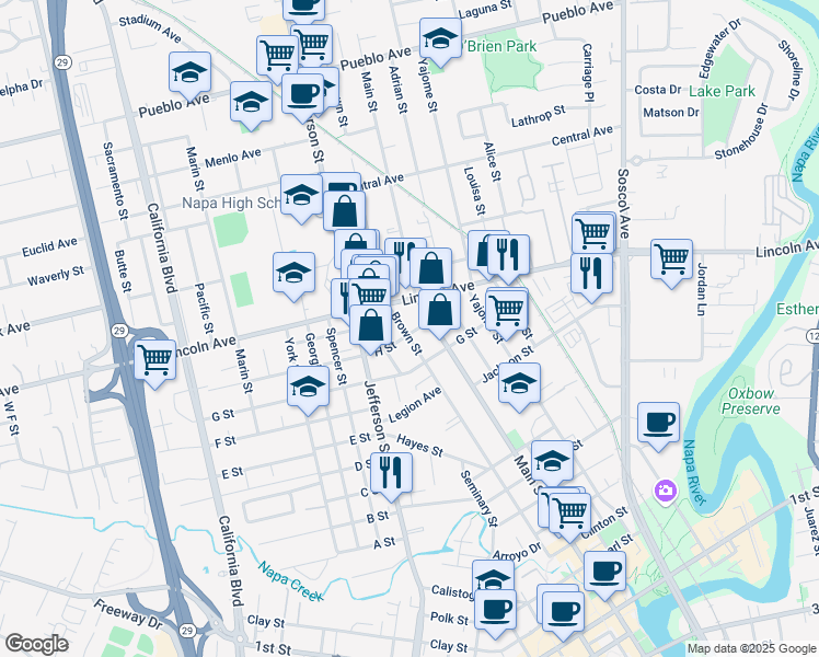 map of restaurants, bars, coffee shops, grocery stores, and more near 2143 Main Street in Napa