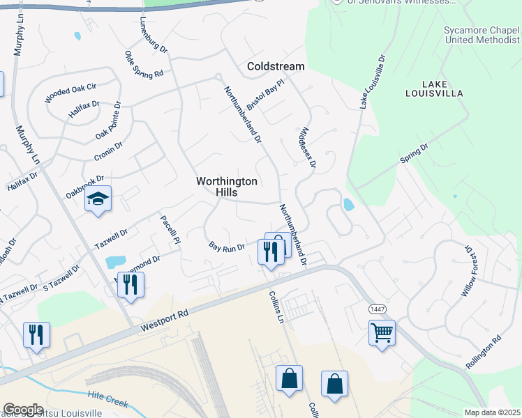 map of restaurants, bars, coffee shops, grocery stores, and more near 4513 Lunenburg Drive in Louisville