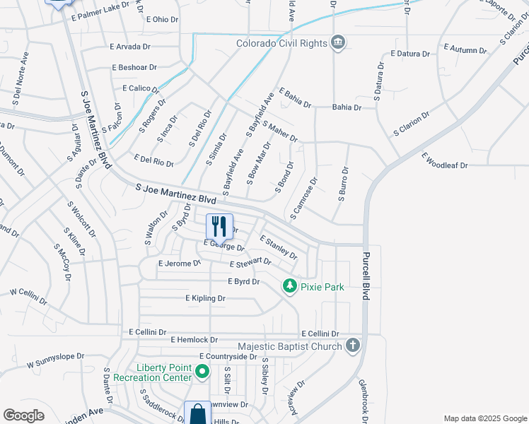 map of restaurants, bars, coffee shops, grocery stores, and more near 298 South Joe Martinez Boulevard in Pueblo West