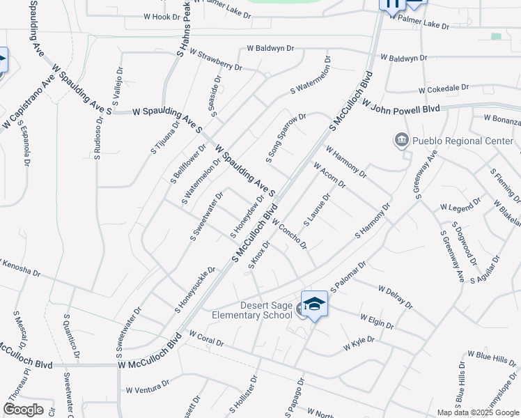 map of restaurants, bars, coffee shops, grocery stores, and more near 755 South Honeydew Drive in Pueblo West