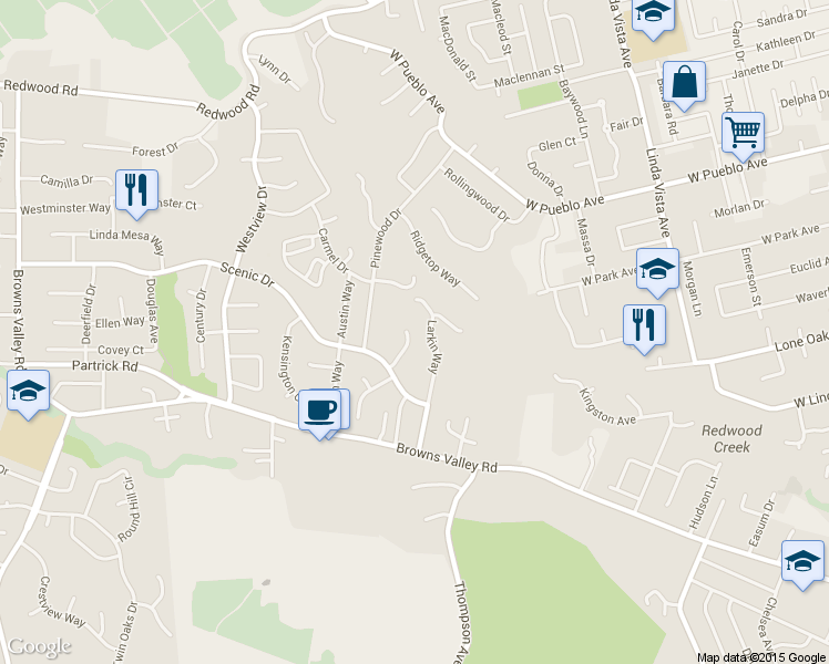 map of restaurants, bars, coffee shops, grocery stores, and more near 1157 Larkin Way in Napa