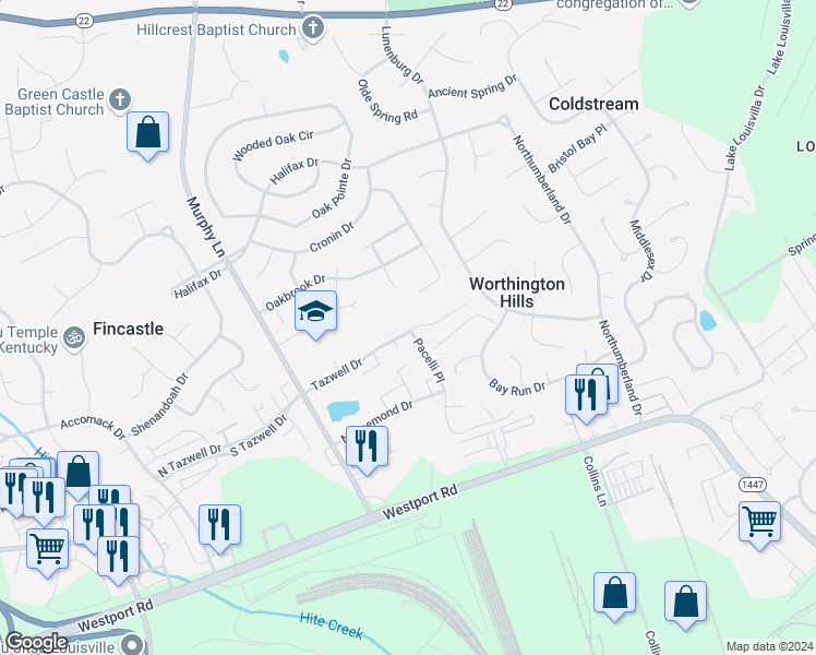 map of restaurants, bars, coffee shops, grocery stores, and more near 12000 Fallen Oak Court in Worthington Hills