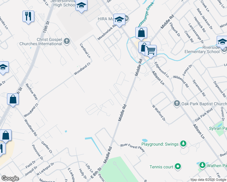 map of restaurants, bars, coffee shops, grocery stores, and more near 1709 Village Green Boulevard in Jeffersonville