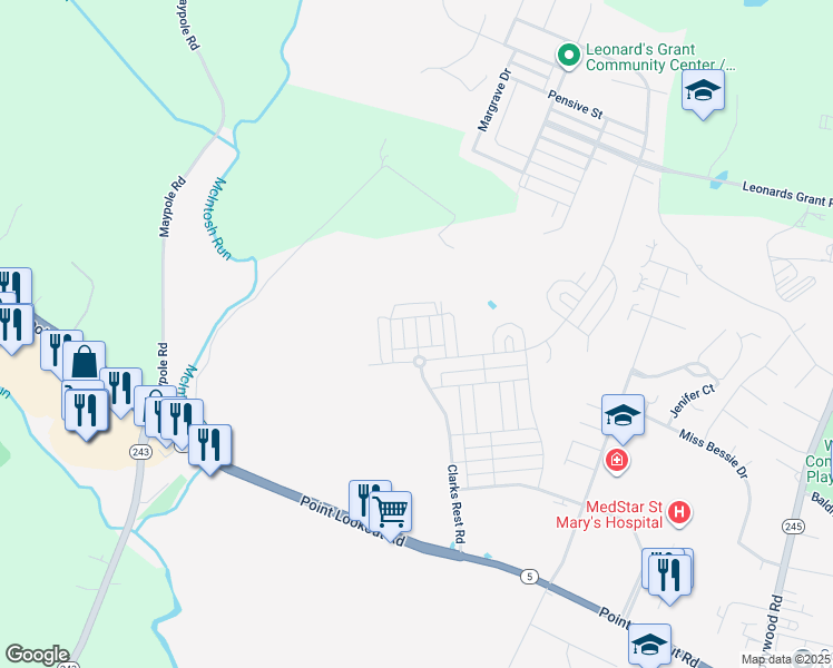 map of restaurants, bars, coffee shops, grocery stores, and more near 23392 Marview Court in Leonardtown