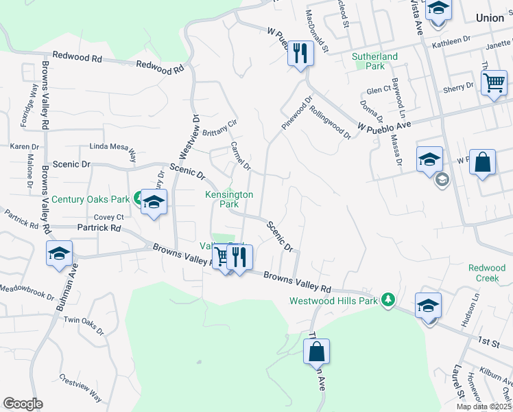 map of restaurants, bars, coffee shops, grocery stores, and more near 1111 Pinewood Drive in Napa