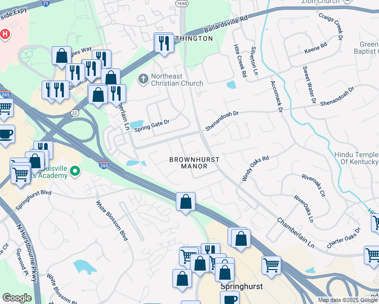 map of restaurants, bars, coffee shops, grocery stores, and more near 10203 Davinhurst Court in Louisville