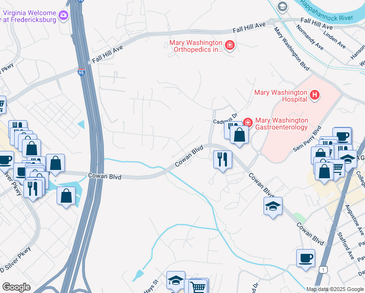 map of restaurants, bars, coffee shops, grocery stores, and more near 1001 Hotchkiss Place in Fredericksburg