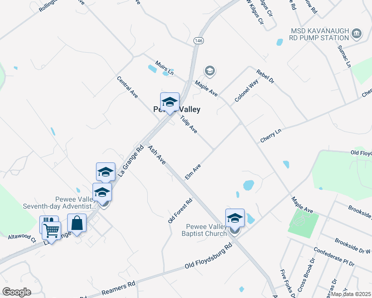 map of restaurants, bars, coffee shops, grocery stores, and more near 112 Tulip Avenue in Pewee Valley
