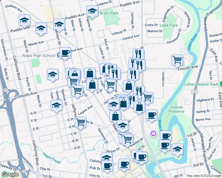 map of restaurants, bars, coffee shops, grocery stores, and more near 1961 Iroquois Street in Napa