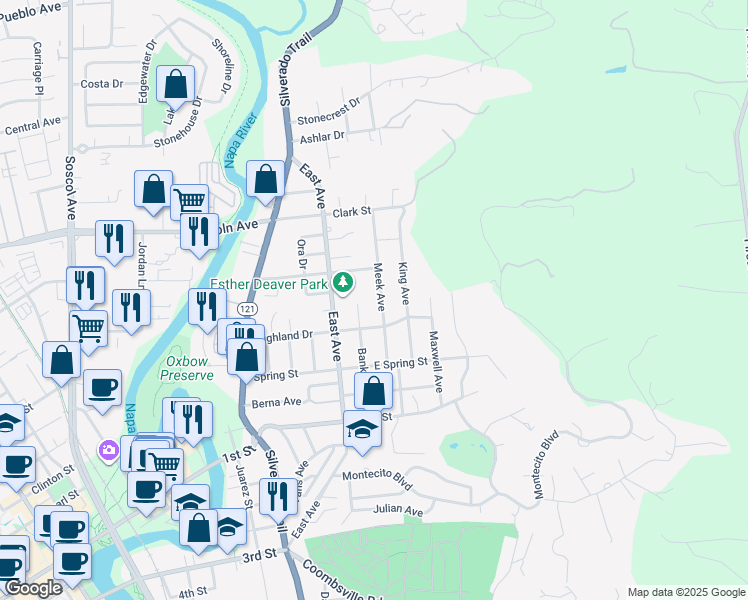 map of restaurants, bars, coffee shops, grocery stores, and more near 1514 Banks Avenue in Napa