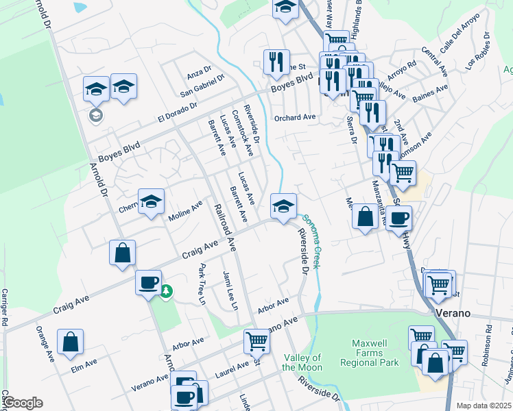 map of restaurants, bars, coffee shops, grocery stores, and more near 18400 Comstock Avenue in Sonoma