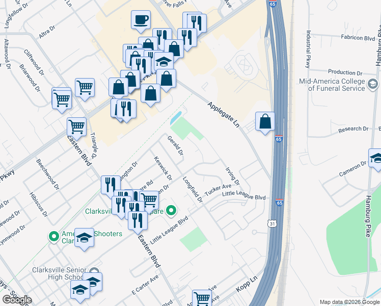 map of restaurants, bars, coffee shops, grocery stores, and more near 1015 Mayfair Avenue in Clarksville